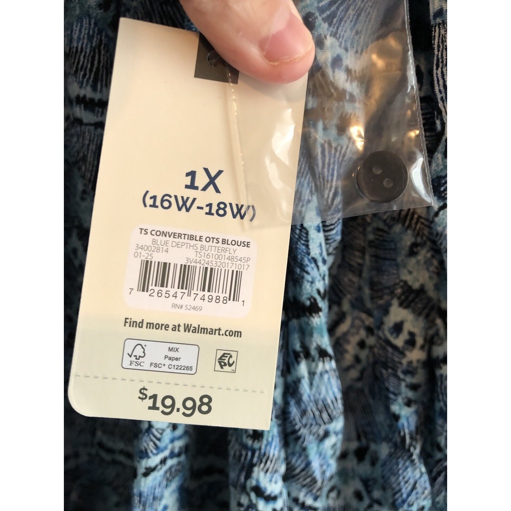 Terra & Sky Womens Tunic Top 1X 3/4 Sleeve Blue Depths Butterfly Boho Cottage - Picture 5 of 12